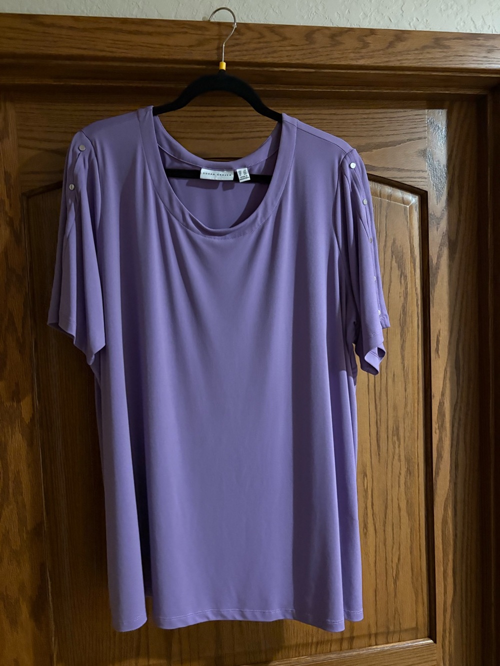 Susan Graver Lavender Short Sleeve Scoop Neck Top with Sleeve Buttons
